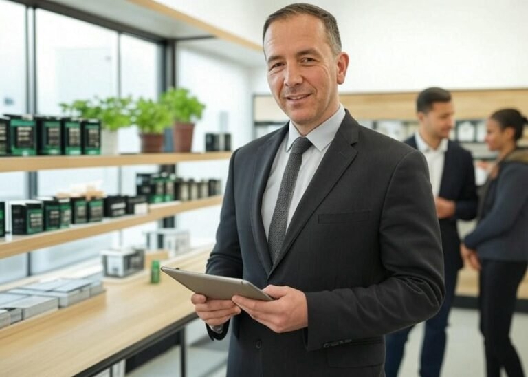 man in suit at a dispensary